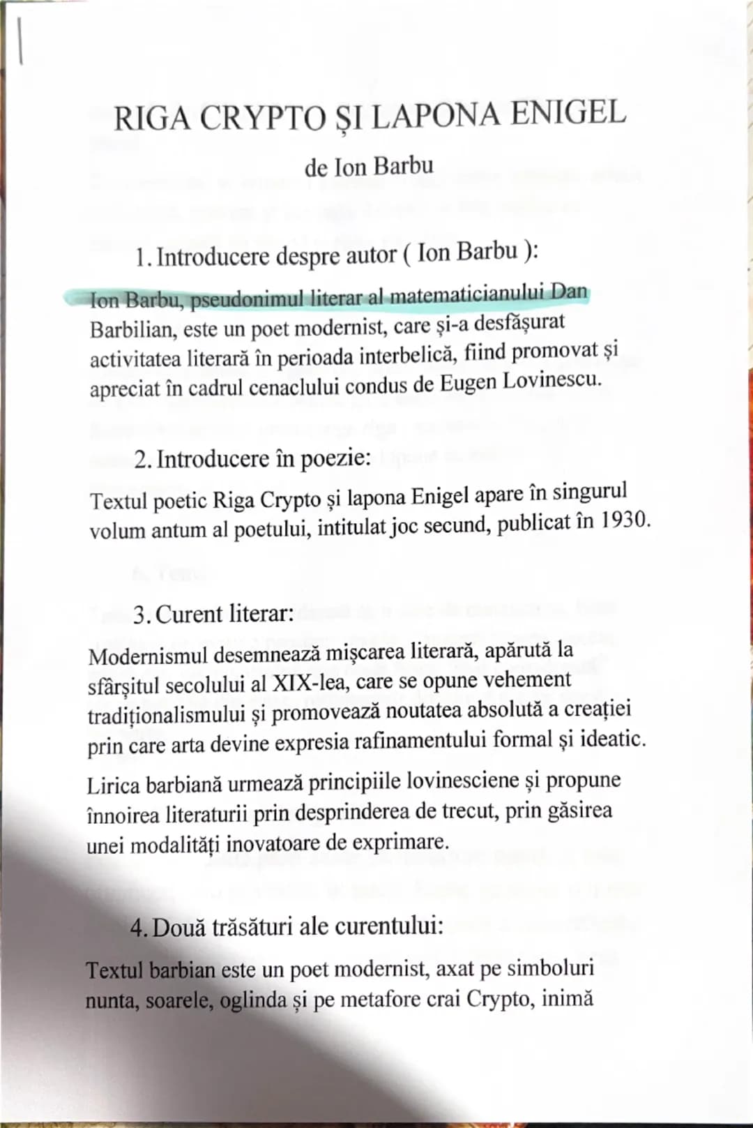 # RIGA CRYPTO ȘI LAPONA ENIGEL
de Ion Barbu
1. Introducere despre autor (Ion Barbu ):
Ion Barbu, pseudonimul literar al matematicianului Da