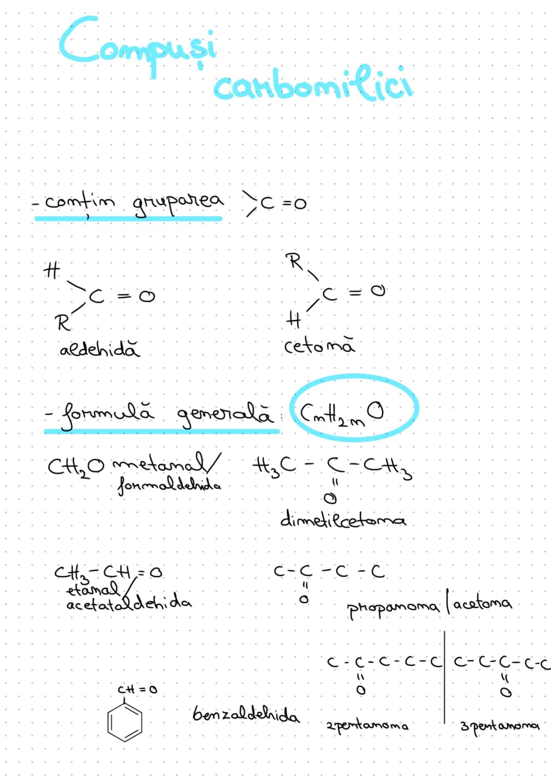 # Compuși canbomilici
- comtim gruparea $>C=O$
H
\ C = 0
/ R
aldehidă
R
\ C = 0
/ H
cetomă
- formulă generală: $Cmtlam O$
CH₂O metanal