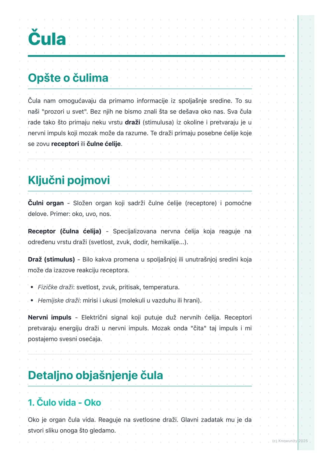 # Čula
## Opšte o čulima
Čula nam omogućavaju da primamo informacije iz spoljašnje sredine. To su
naši "prozori u svet". Bez njih ne bismo
