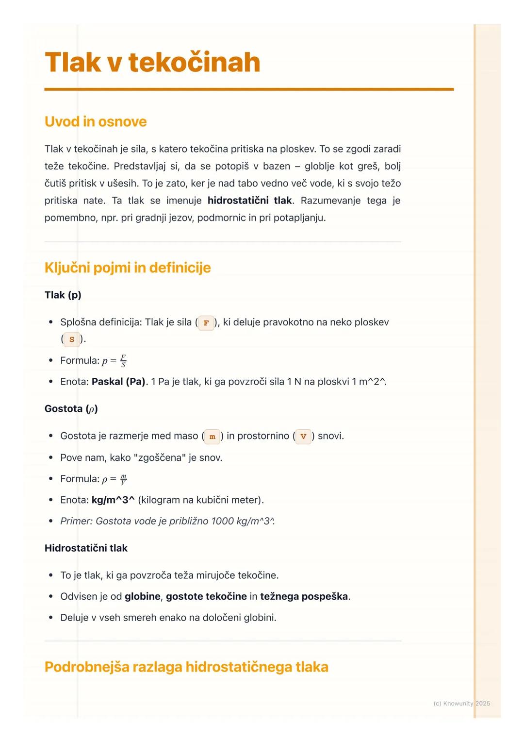 # Tlak v tekočinah
Uvod in osnove
Tlak v tekočinah je sila, s katero tekočina pritiska na ploskev. To se zgodi zaradi
teže tekočine. Preds