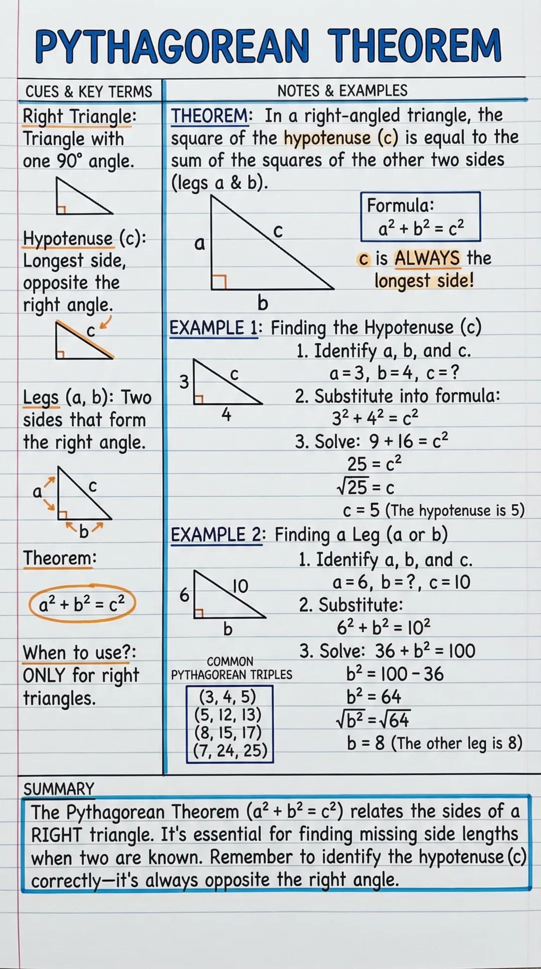 # PYTHAGOREAN THEOREM
CUES & KEY TERMS
Right Triangle:
Triangle with
one 90° angle.
Hypotenuse (c):
Longest side,
opposite the
right angle
