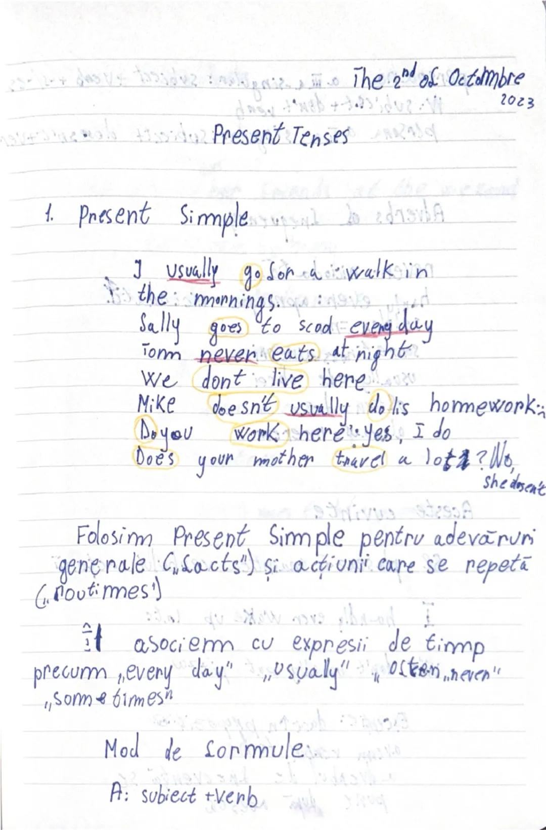 The 2nd of Octombre
2023
Present Tenses
1. Present Simple
I usually go for a walk in
the mornings
Sally goes to scod every day
Tom never e