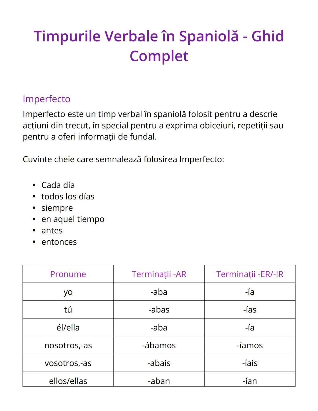 # Timpurile Verbale în Spaniolă - Ghid
Complet
# Imperfecto
Imperfecto este un timp verbal în spaniolă folosit pentru a descrie
acţiuni din