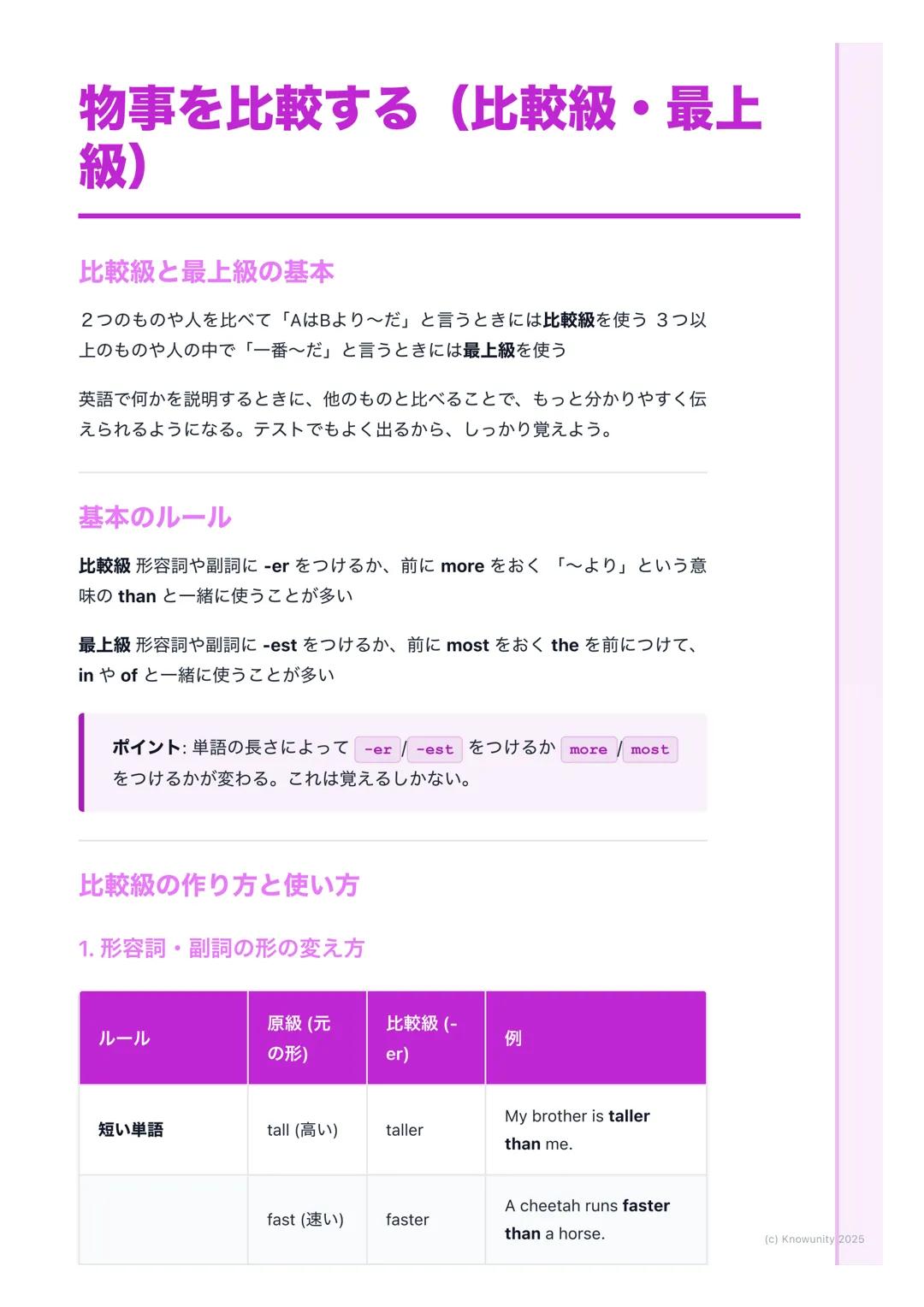 物事を比較する(比較級・最上
級)
比較級と最上級の基本
2つのものや人を比べて「AはBより~だ」と言うときには比較級を使う3つ以
上のものや人の中で「一番〜だ」と言うときには最上級を使う
英語で何かを説明するときに、他のものと比べることで、もっと分かりやすく伝
えられるように