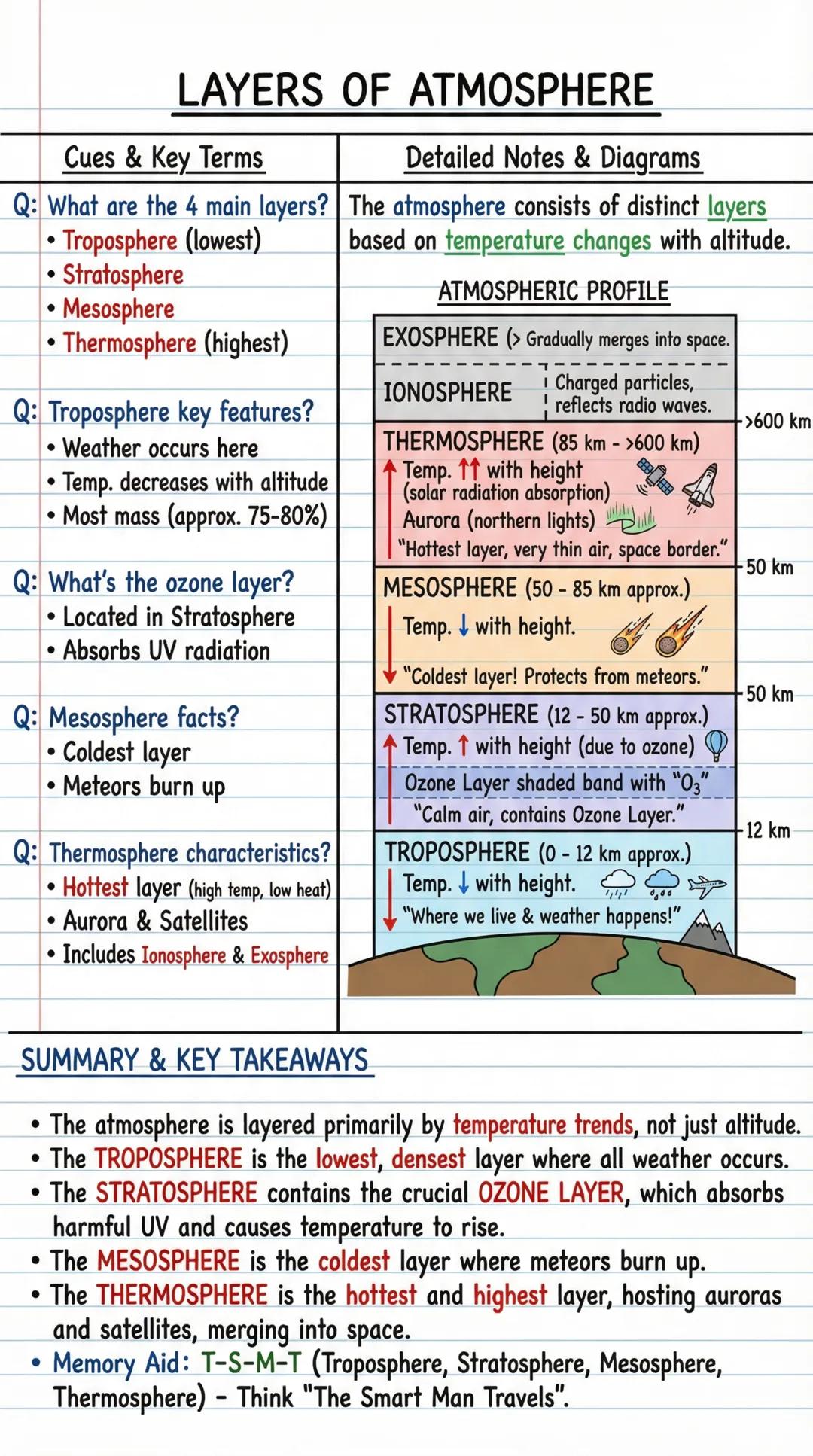 # LAYERS OF ATMOSPHERE
| Cues & Key Terms | Detailed Notes & Diagrams