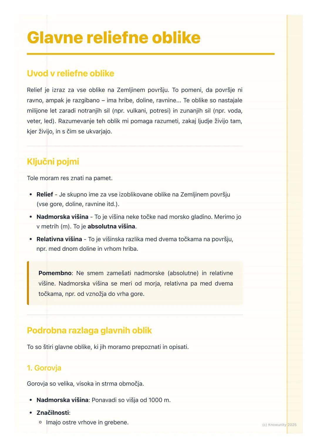 # Glavne reliefne oblike
Uvod v reliefne oblike
Relief je izraz za vse oblike na Zemljinem površju. To pomeni, da površje ni
ravno, ampak