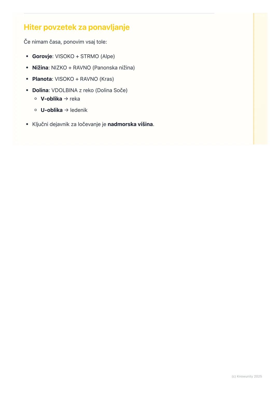 # Glavne reliefne oblike
Uvod v reliefne oblike
Relief je izraz za vse oblike na Zemljinem površju. To pomeni, da površje ni
ravno, ampak