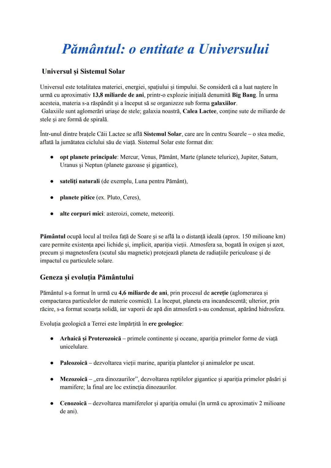 Pământul: o entitate a Universului
Universul şi Sistemul Solar
Universul este totalitatea materiei, energiei, spațiului şi timpului. Se cons