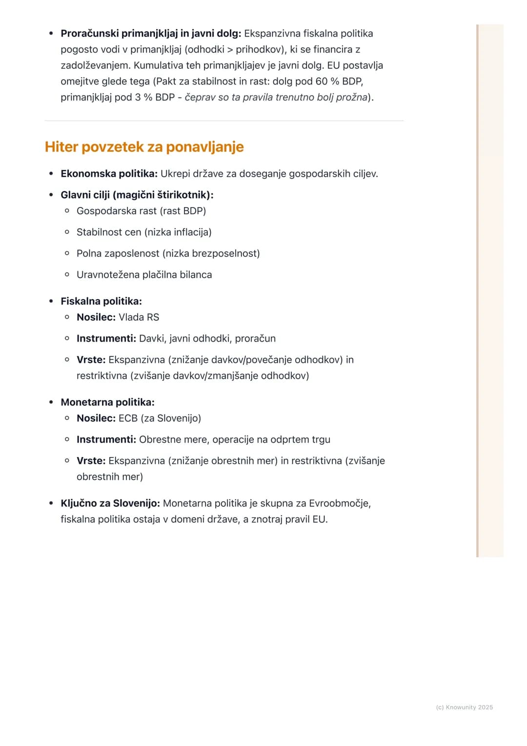 # Ekonomska politika v Sloveniji
Pregled ekonomske politike
Ekonomska politika je skupek ukrepov, s katerimi država (nosilci ekonomske
pol