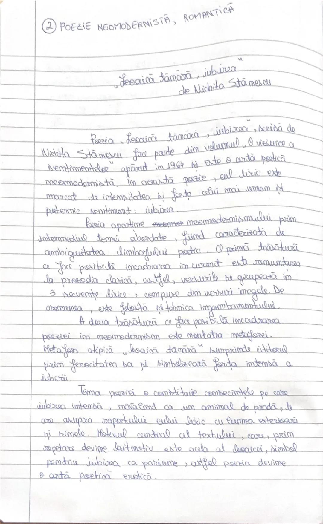 2) POEZIE NGOMODERNISTA, ROMANTICA
Lesaicā tāmārā, iubirea
de Nichita Stämescu
Poezia decaica tāmārā, iubirea, scrisă de
Niskita Stāmescu