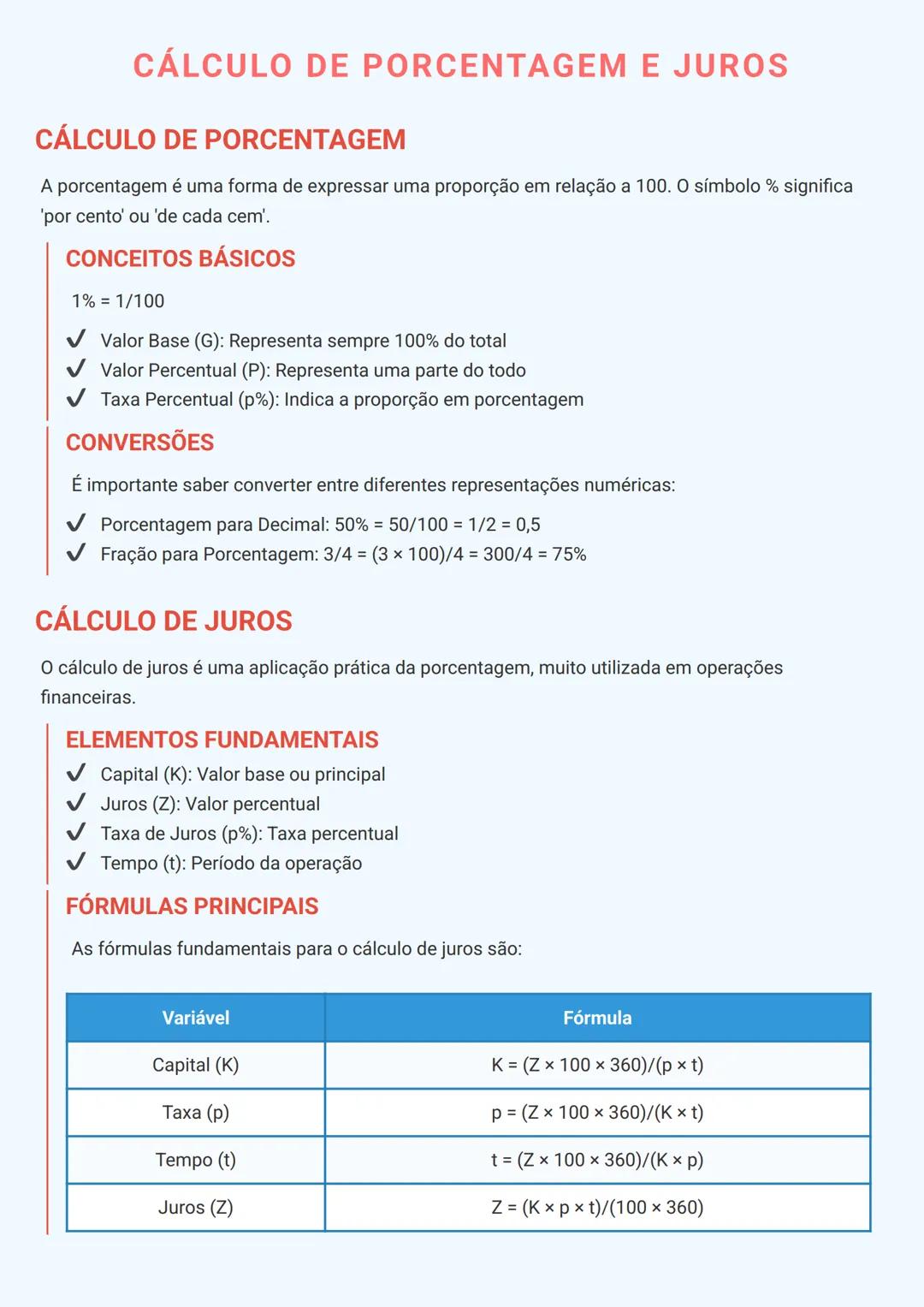 # CÁLCULO DE PORCENTAGEM E JUROS
## CÁLCULO DE PORCENTAGEM
A porcentagem é uma forma de expressar uma proporção em relação a 100. O símbol