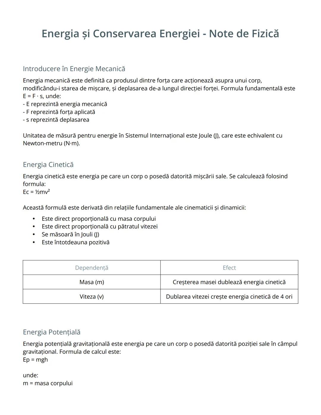 Energia și Conservarea Energiei - Note de Fizică