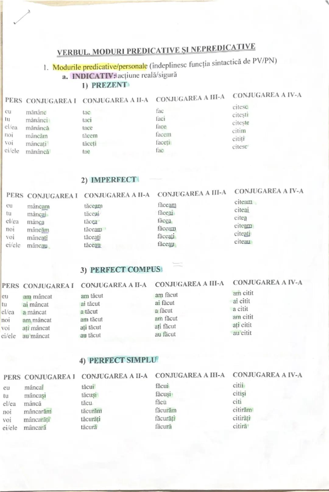 # VERBUL. MODURI PREDICATIVE ȘI NEPREDICATIVE
1. Modurile predicative/personale (îndeplinesc funcția sintactică de PV/PN)
a. INDICATIV: acț
