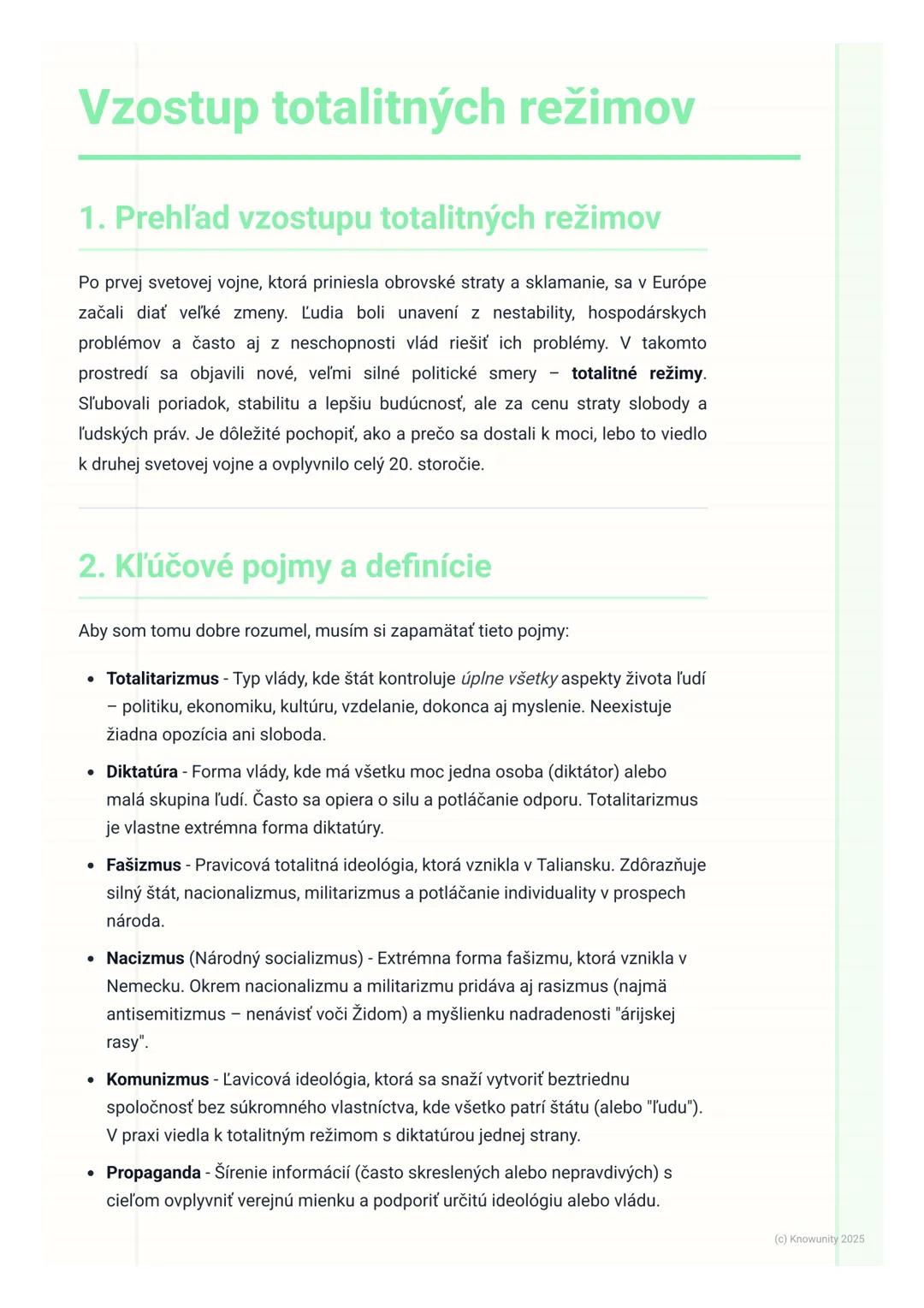 # Vzostup totalitných režimov
1. Prehľad vzostupu totalitných režimov
Po prvej svetovej vojne, ktorá priniesla obrovské straty a sklamanie