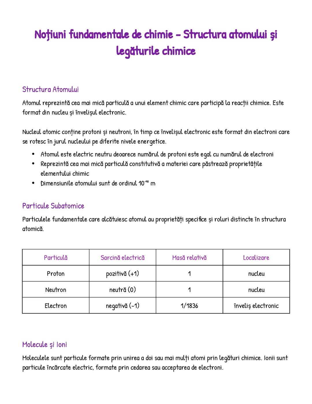 Noțiuni fundamentale de chimie - Structura atomului și legăturile chimice