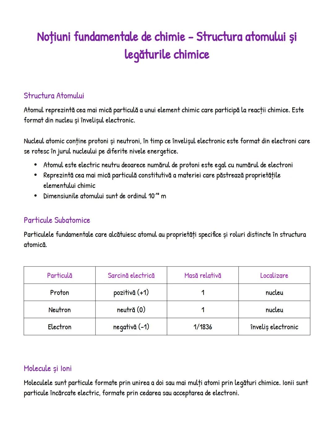 # Noţiuni fundamentale de chimie - Structura atomului şi
legăturile chimice
# Structura Atomului
Atomul reprezintă cea mai mică particulă a