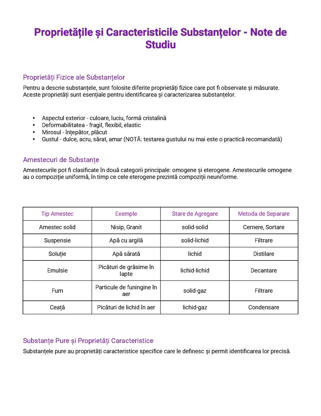 Proprietățile și Caracteristicile Substanțelor - Note de Studiu