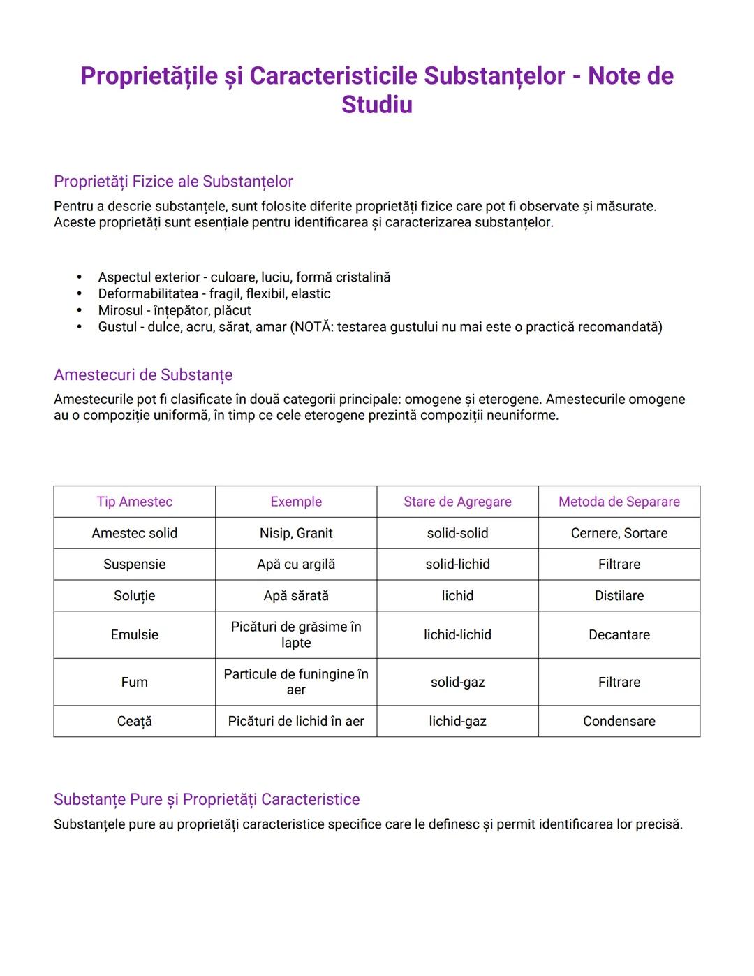 --- OCR Start ---
Proprietățile și Caracteristicile Substanțelor - Note de
Studiu
Proprietăți Fizice ale Substanțelor
Pentru a descrie subst