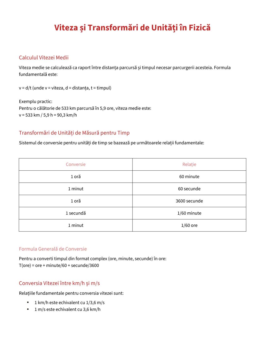 # Viteza și Transformări de Unități în Fizică
## Calculul Vitezei Medii
Viteza medie se calculează ca raport între distanța parcursă și tim