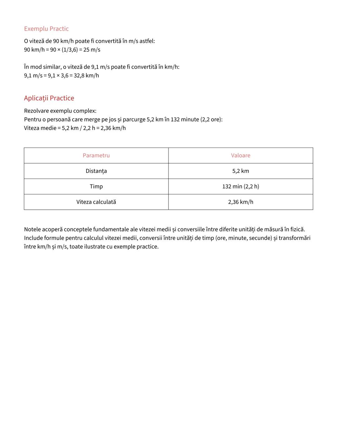 # Viteza și Transformări de Unități în Fizică
## Calculul Vitezei Medii
Viteza medie se calculează ca raport între distanța parcursă și tim