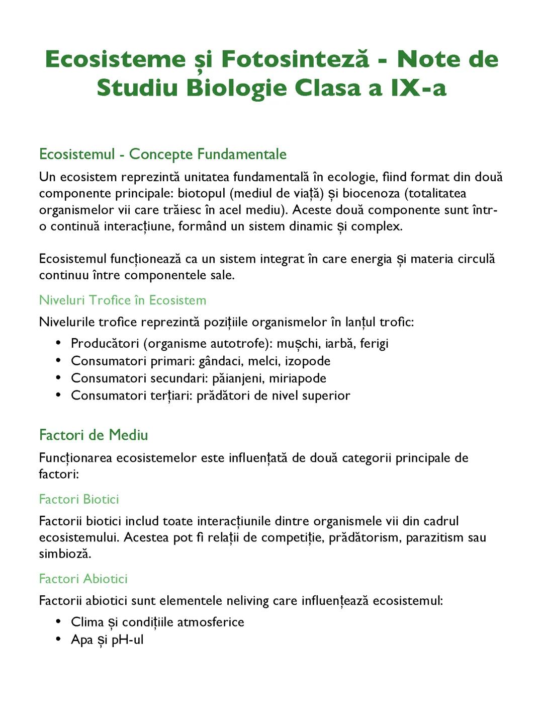Ecosisteme și Fotosinteză - Note de Studiu Biologie Clasa a IX-a
